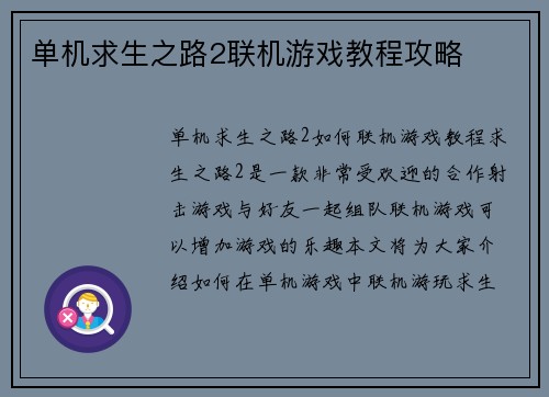 单机求生之路2联机游戏教程攻略